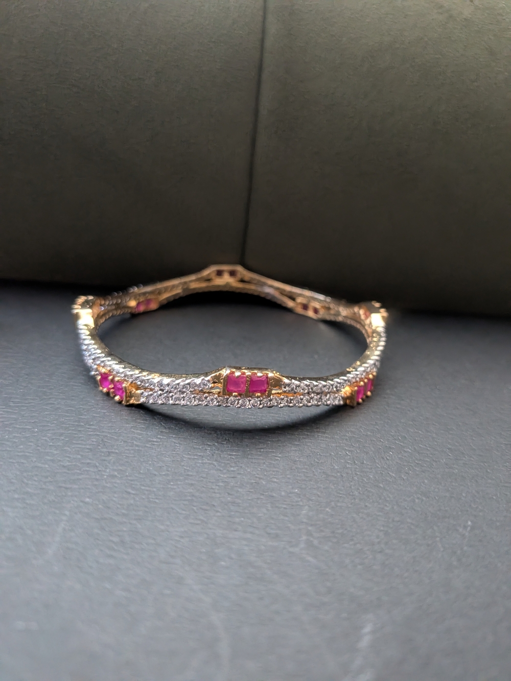 Exquisite CZ & Ruby Wavy Gold Kada Bangle – Size 2-4 (2.25")